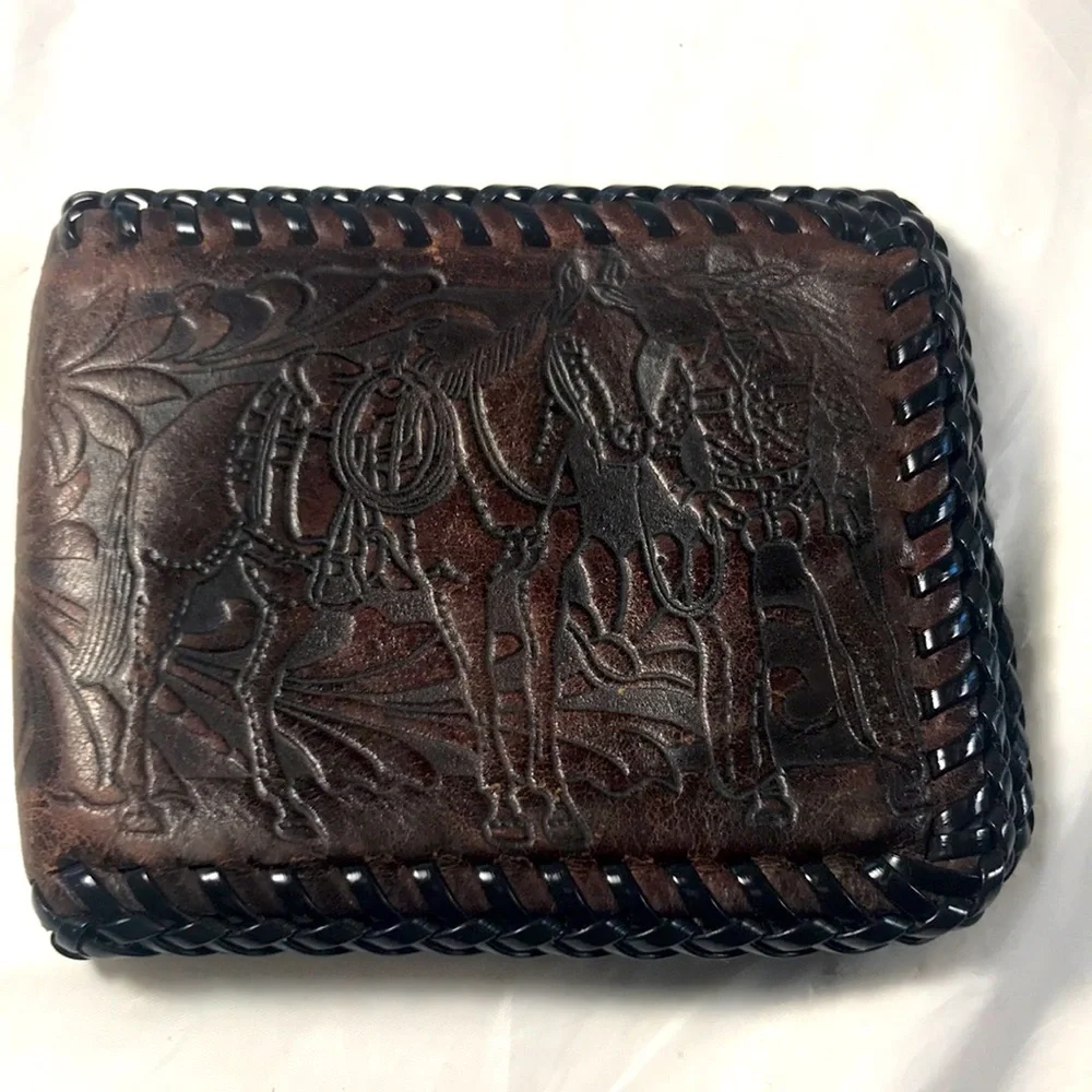 Vintage Handmade Tooled  Brown Leather Western Cowboy Horse and Flowers Wallet